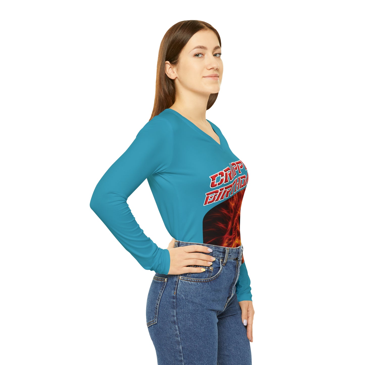 Crappy Birthday Chic Long Sleeve V-Neck Tee - Turquoise