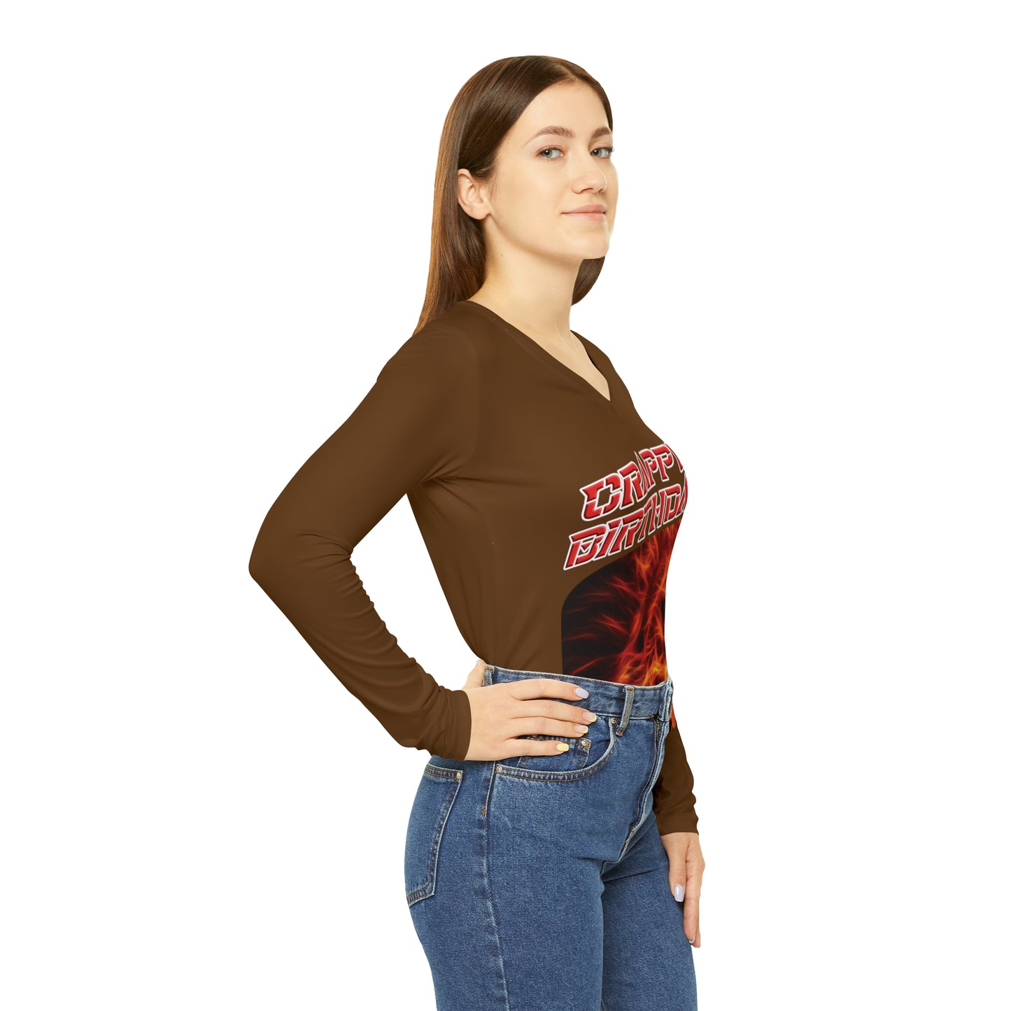 Crappy Birthday Chic Long Sleeve V-Neck Tee - Brown