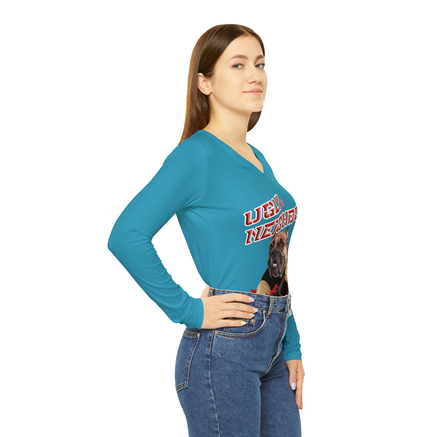Ugly Neighbor Chic Long Sleeve V-Neck Tee - Turquoise