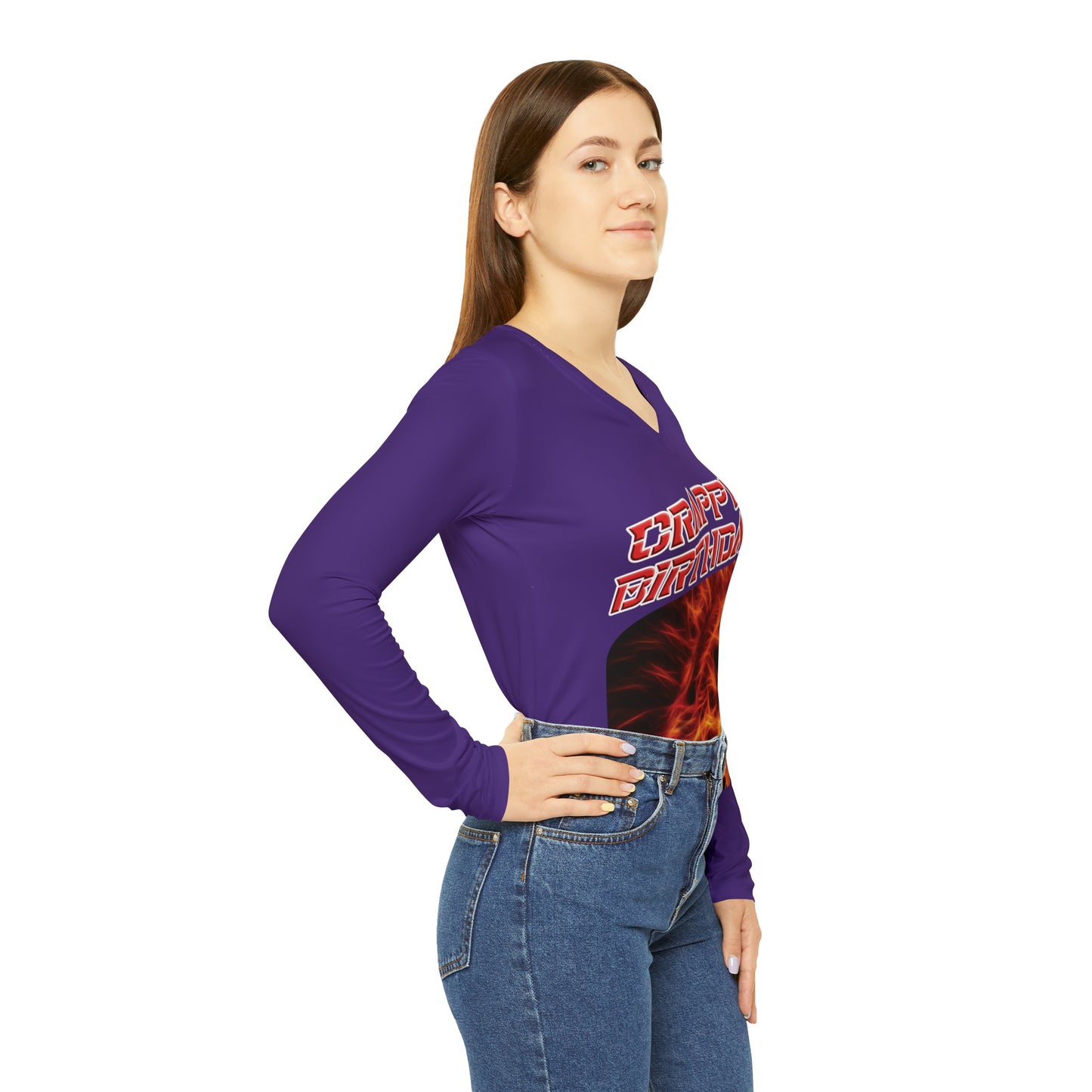 Crappy Birthday Chic Long Sleeve V-Neck Tee - Purple