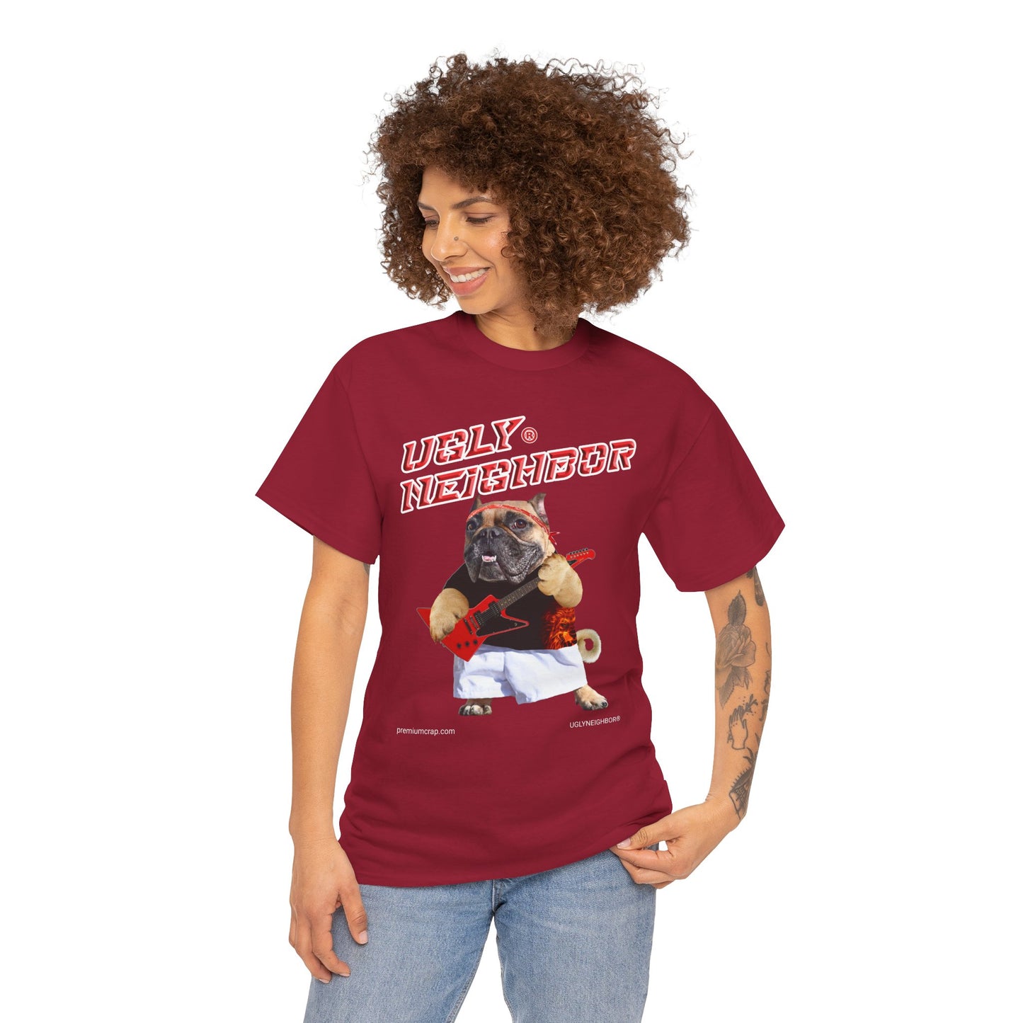 Woman wearing a red t-shirt with a graphic of a dog and text on a white background