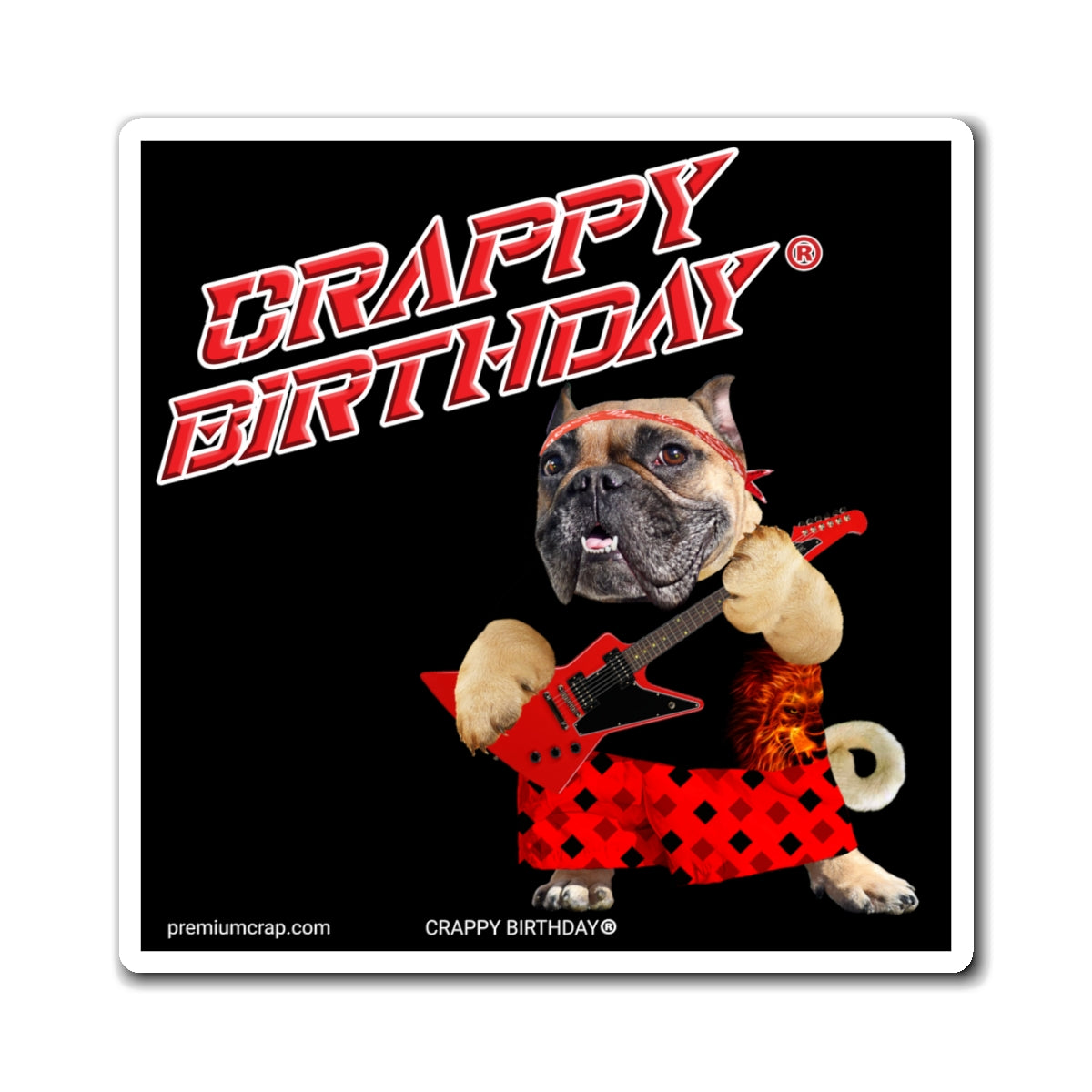 Sticker with a dog playing guitar and 'Crappy Birthday' text on a black background
