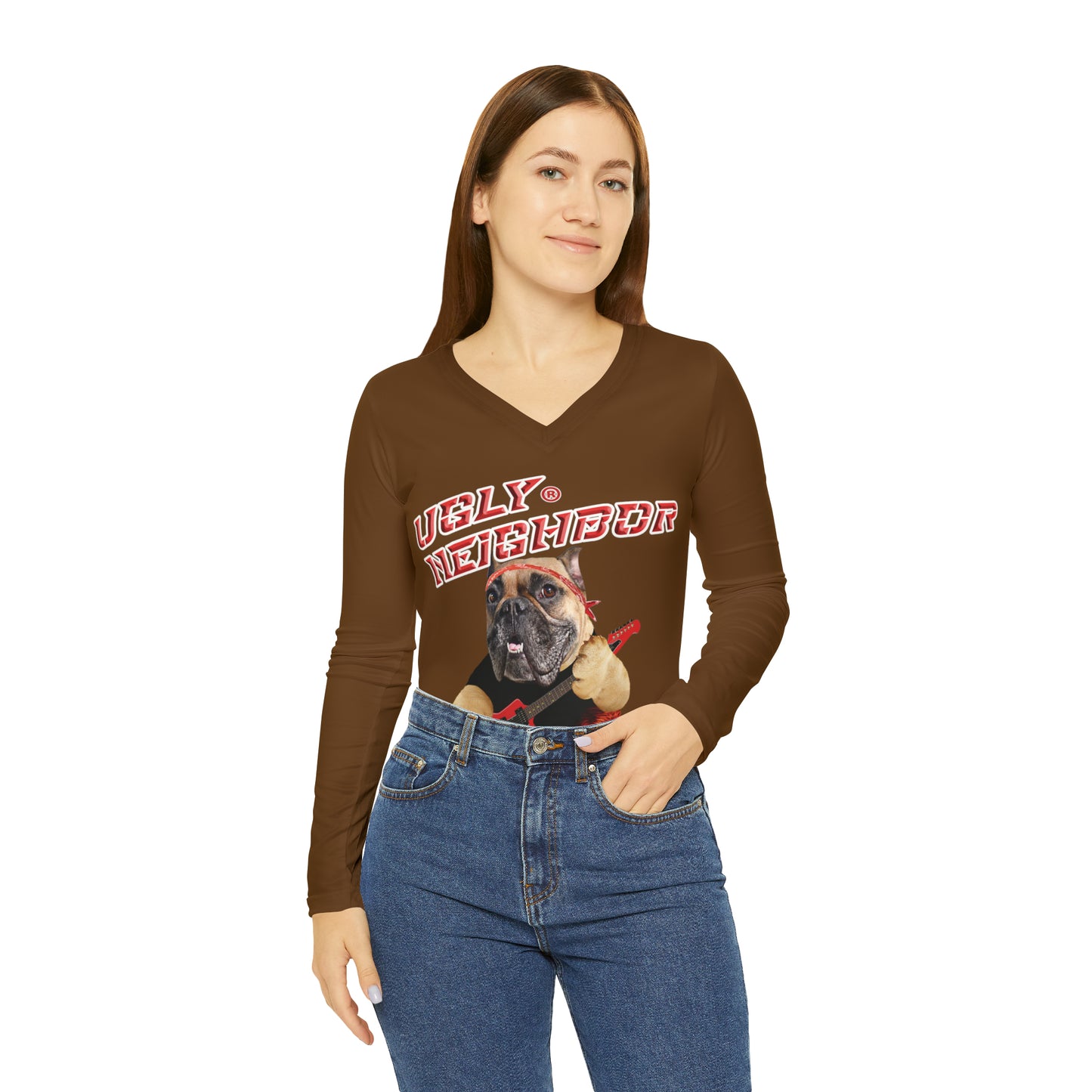 Ugly Neighbor II Women's Long Sleeve V-neck Shirt - Brown