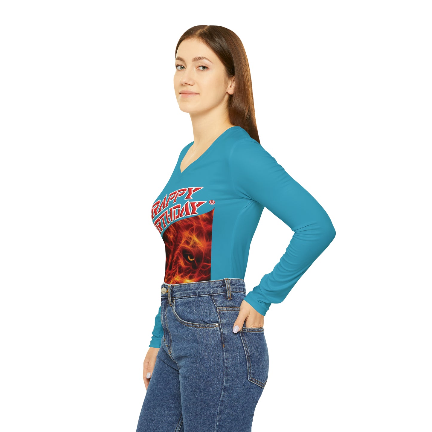 Crappy Birthday Chic Long Sleeve V-Neck Tee - Turquoise