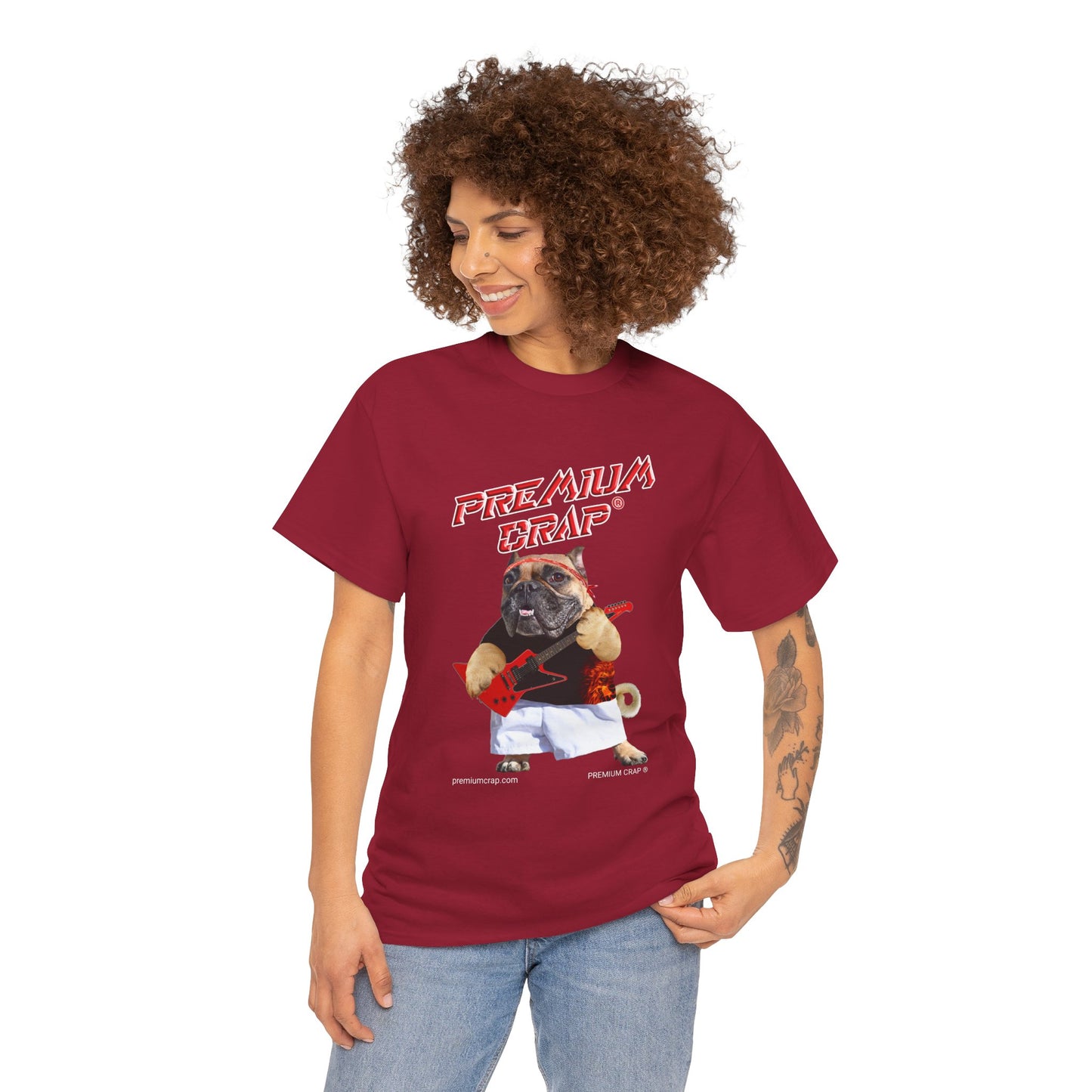 Woman wearing a red t-shirt with a graphic design on a white background