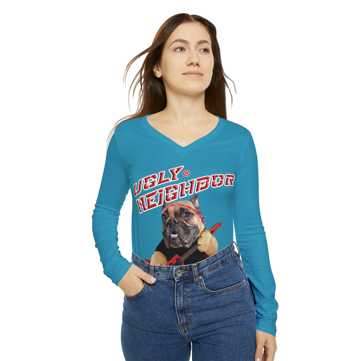 Ugly Neighbor Chic Long Sleeve V-Neck Tee - Turquoise