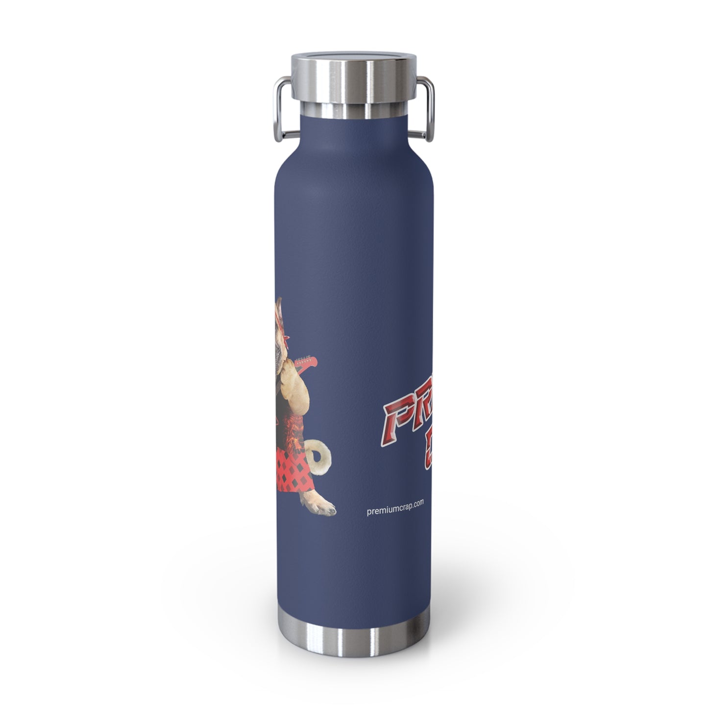 Navy blue water bottle with a cartoon character and 'Premium Crap' text on a white background