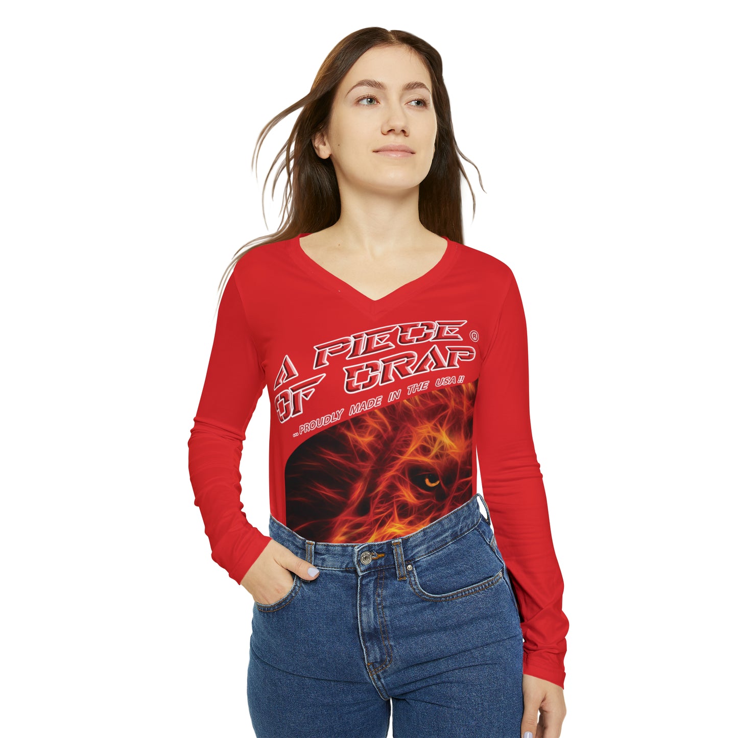A Piece Of Crap Chic Long Sleeve V-Neck Tee - Red