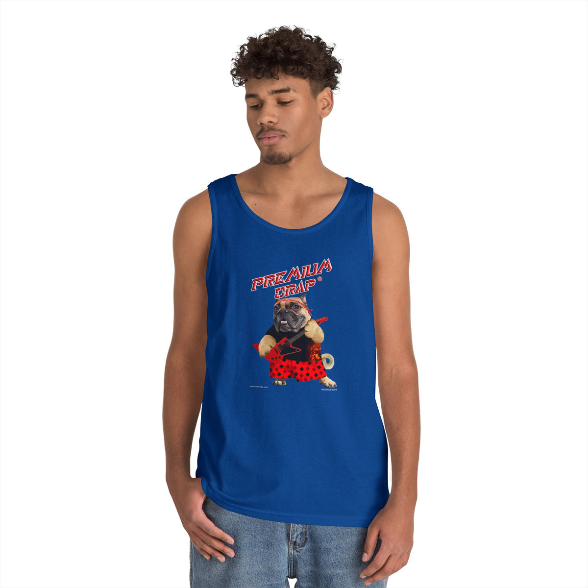 Person wearing a blue tank top with a graphic design on a white background