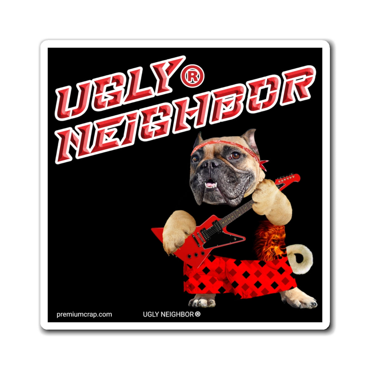 Sticker with a dog playing a red guitar and 'UGLY NEIGHBOR' text on a black background