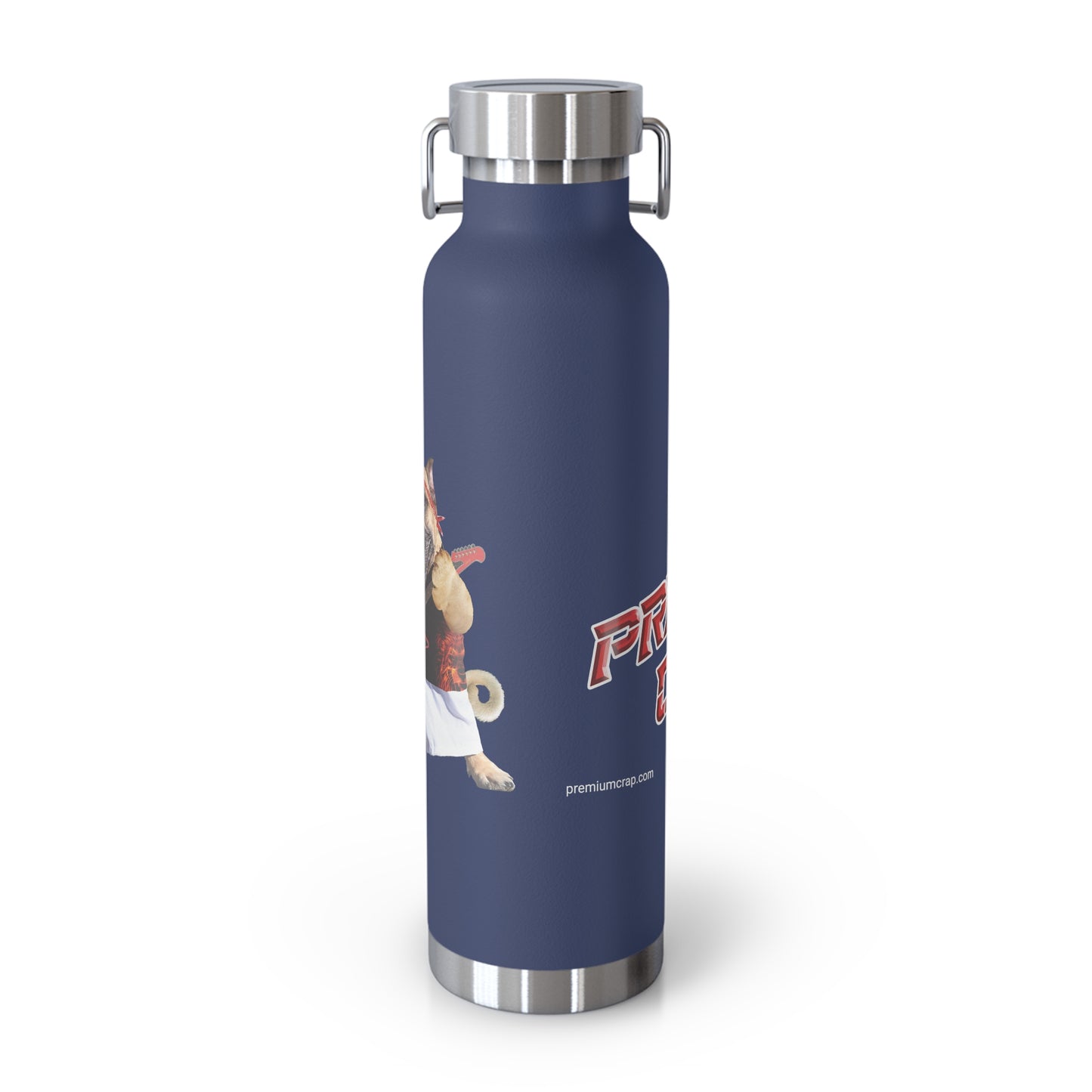 A matte navy blue insulated water bottle with stainless steel accents, featuring a cartoon dog graphic and red 'Premium Crap' lettering on the front, set against a plain white background.