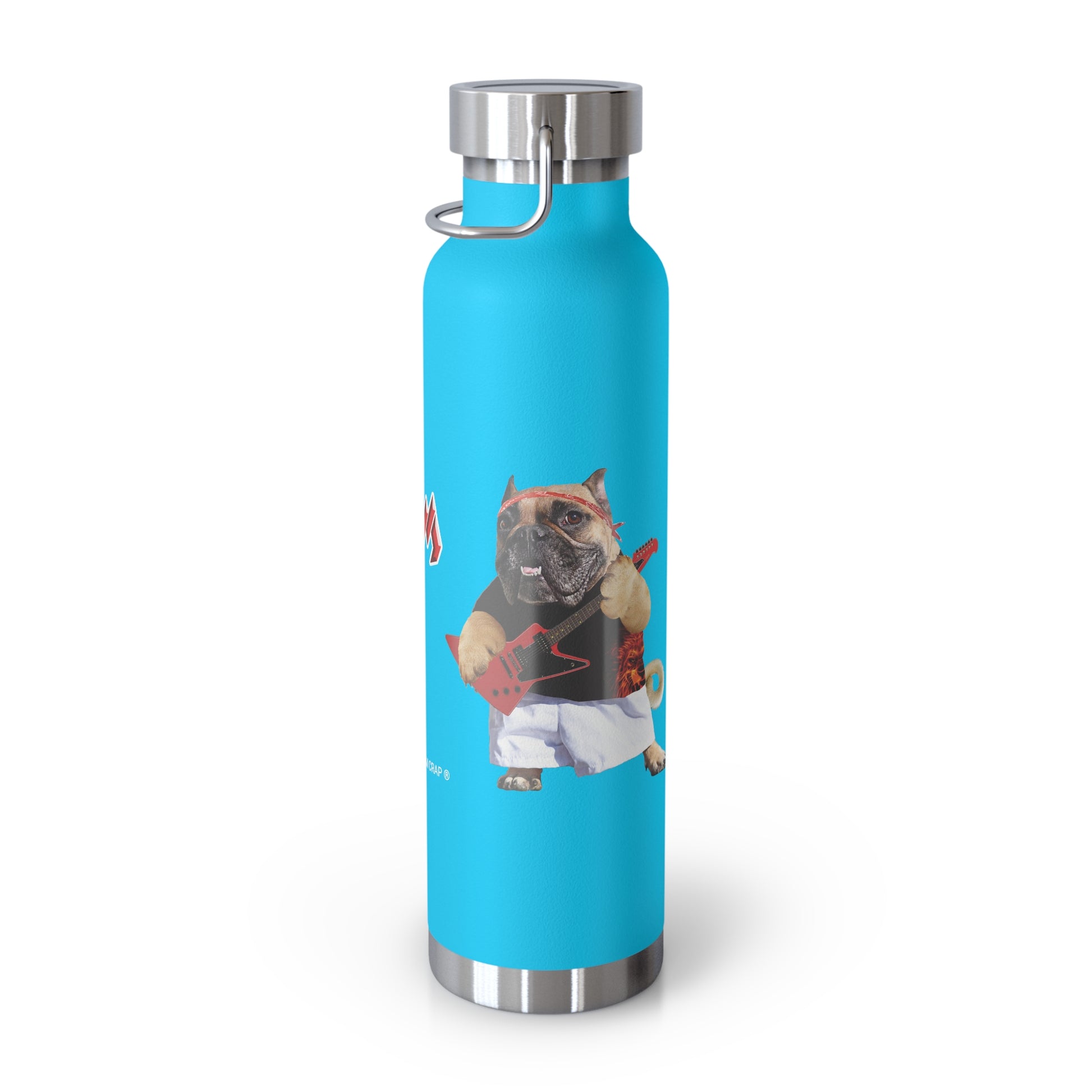 A bright blue insulated water bottle with a stainless steel lid and carrying loop, featuring a graphic of a bulldog in a baseball uniform on the front, set against a plain white background.