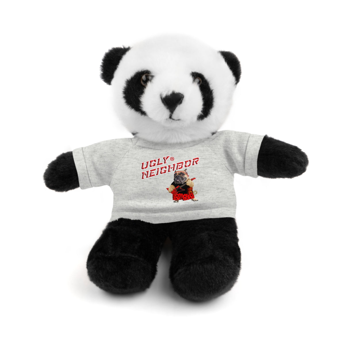 Plush panda bear wearing a gray shirt with a lamb design on a white background