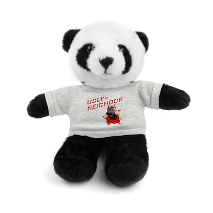 Plush panda bear wearing a gray shirt with a lamb design on a white background
