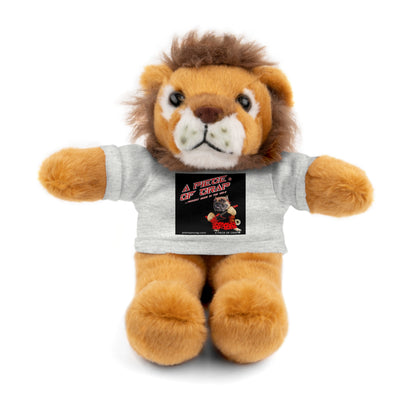 A plush lion toy with brown and tan fur, a dark brown mane, and a white muzzle, wearing a light gray T-shirt with a black graphic print that reads 'A Piece of Crap'. The plush is photographed against a seamless white background.