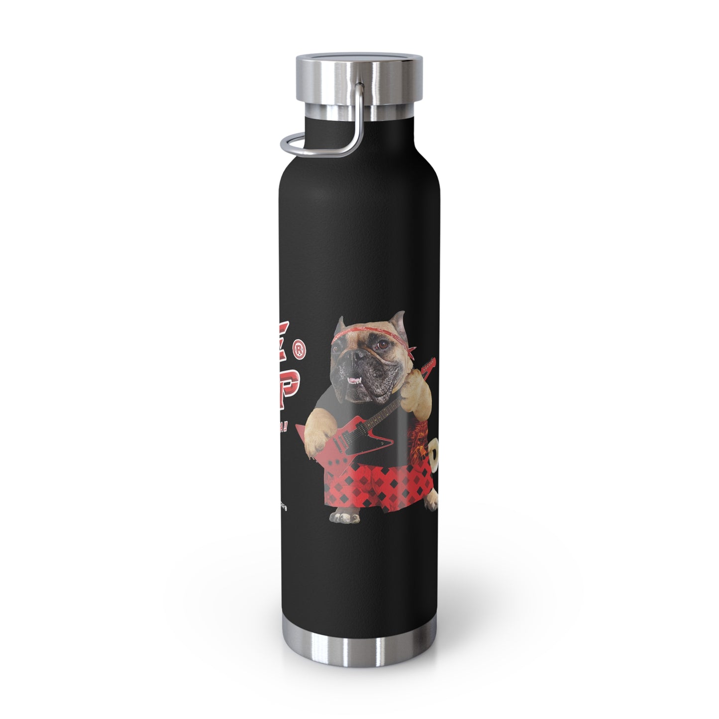 Black water bottle with a dog playing guitar design on a white background