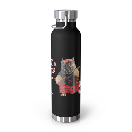 Black water bottle with a dog playing guitar design on a white background