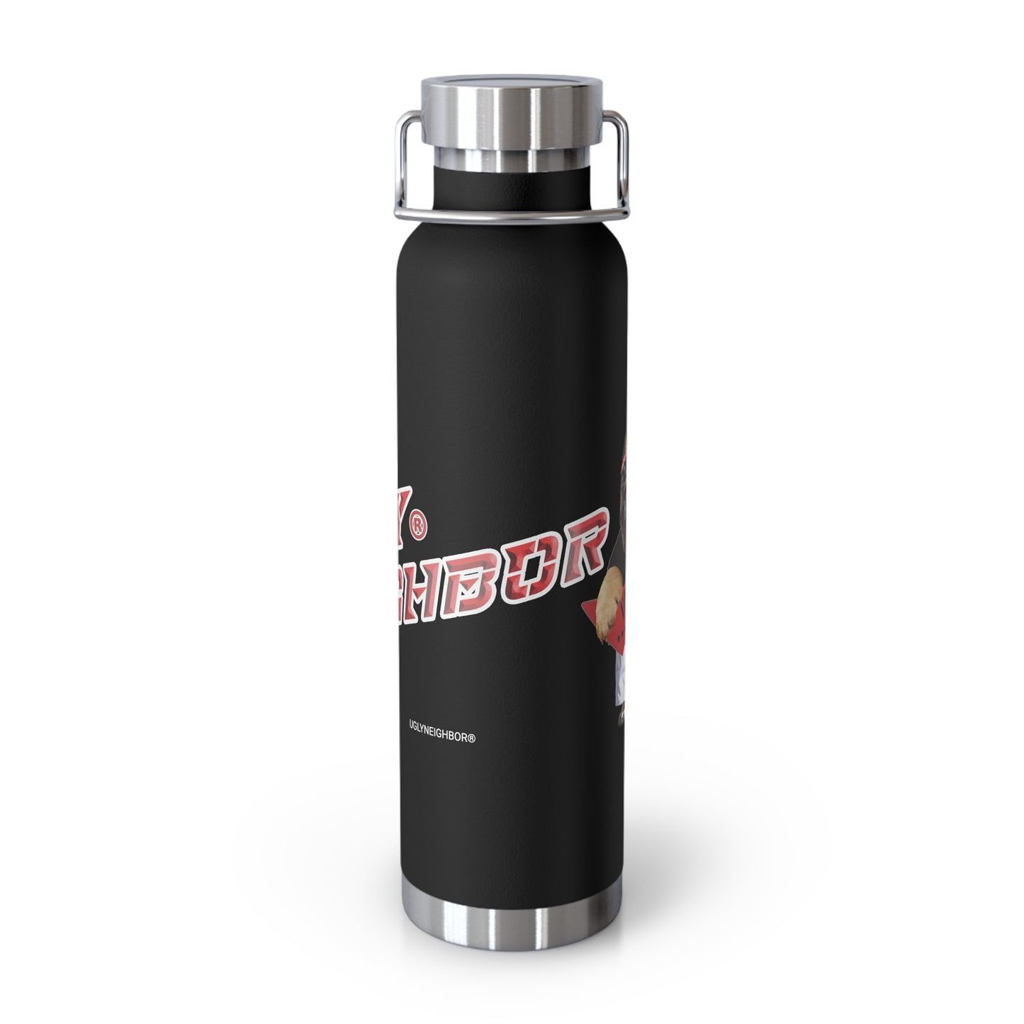 Black water bottle with silver lid on a white background