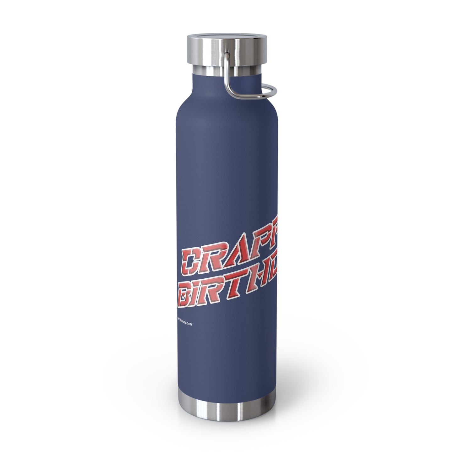 Blue water bottle with red and white text on a white background