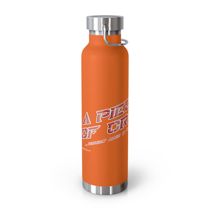 Orange water bottle with silver cap and text on a white background