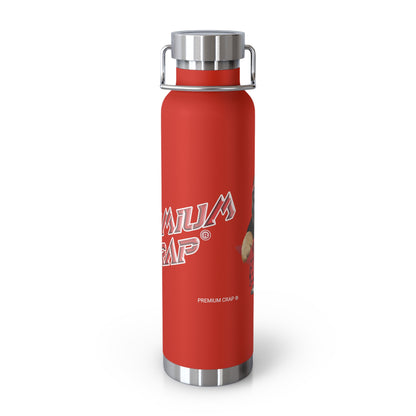 Red water bottle with silver cap and 'Premium Crap' branding on a white background