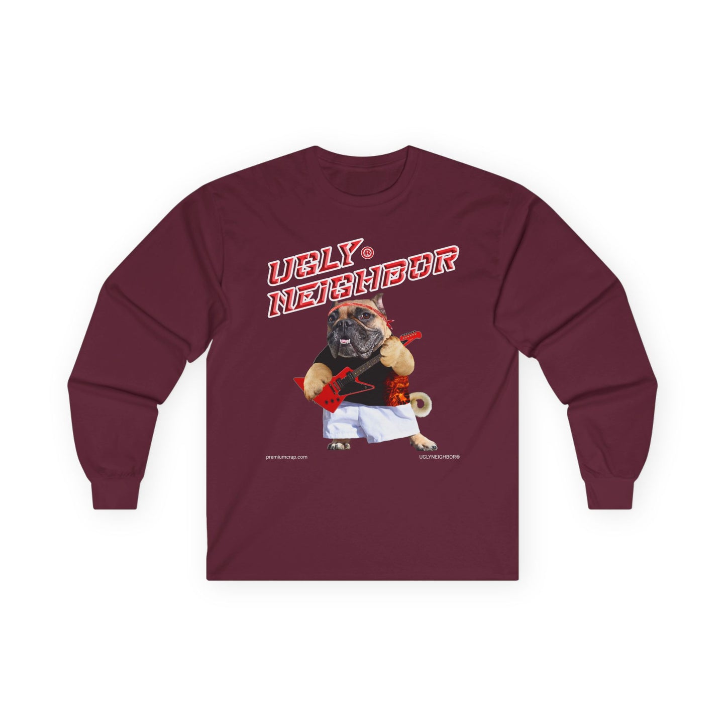 Maroon long-sleeve shirt with a graphic of a pug and text on a white background