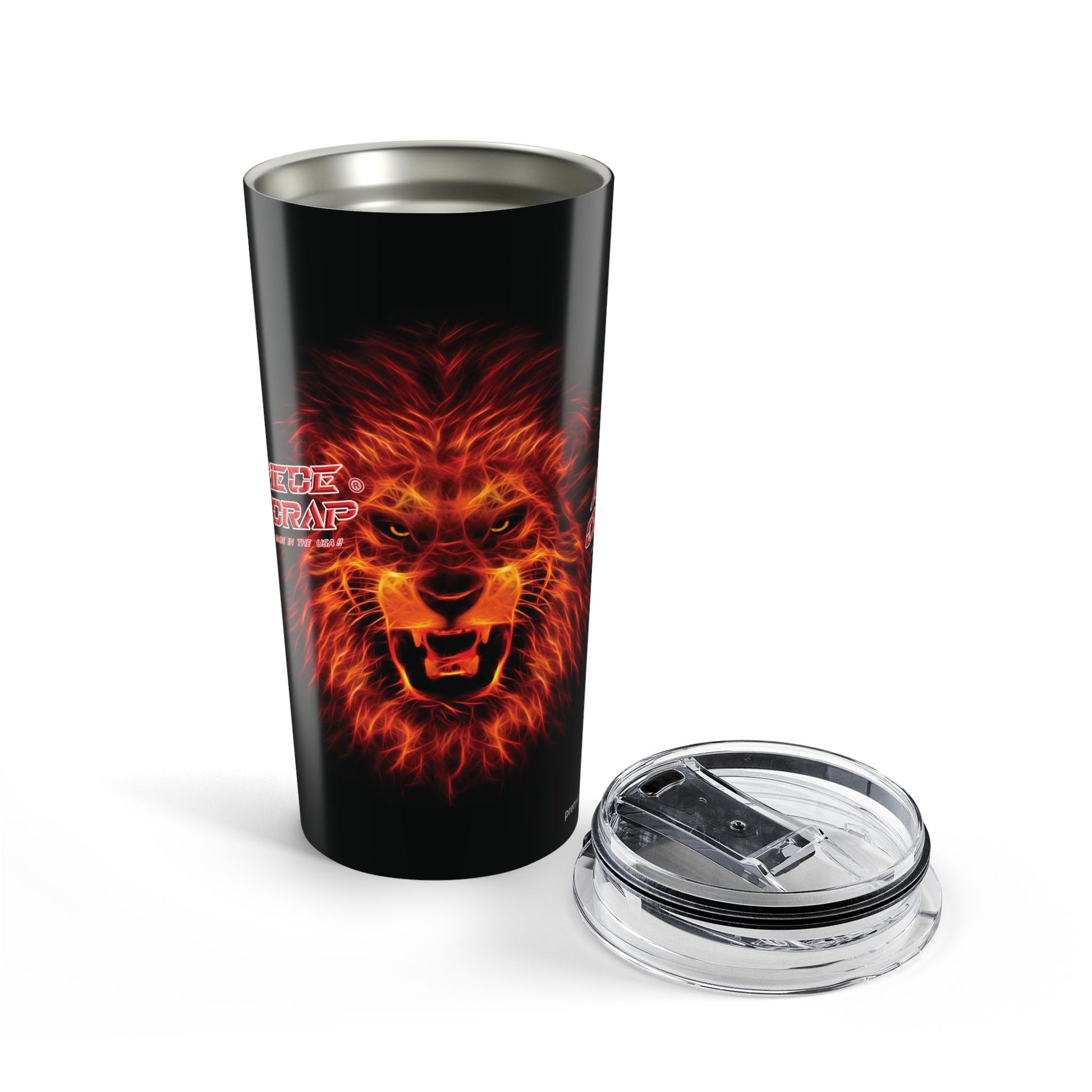 Tumbler with a fiery lion design on a black background