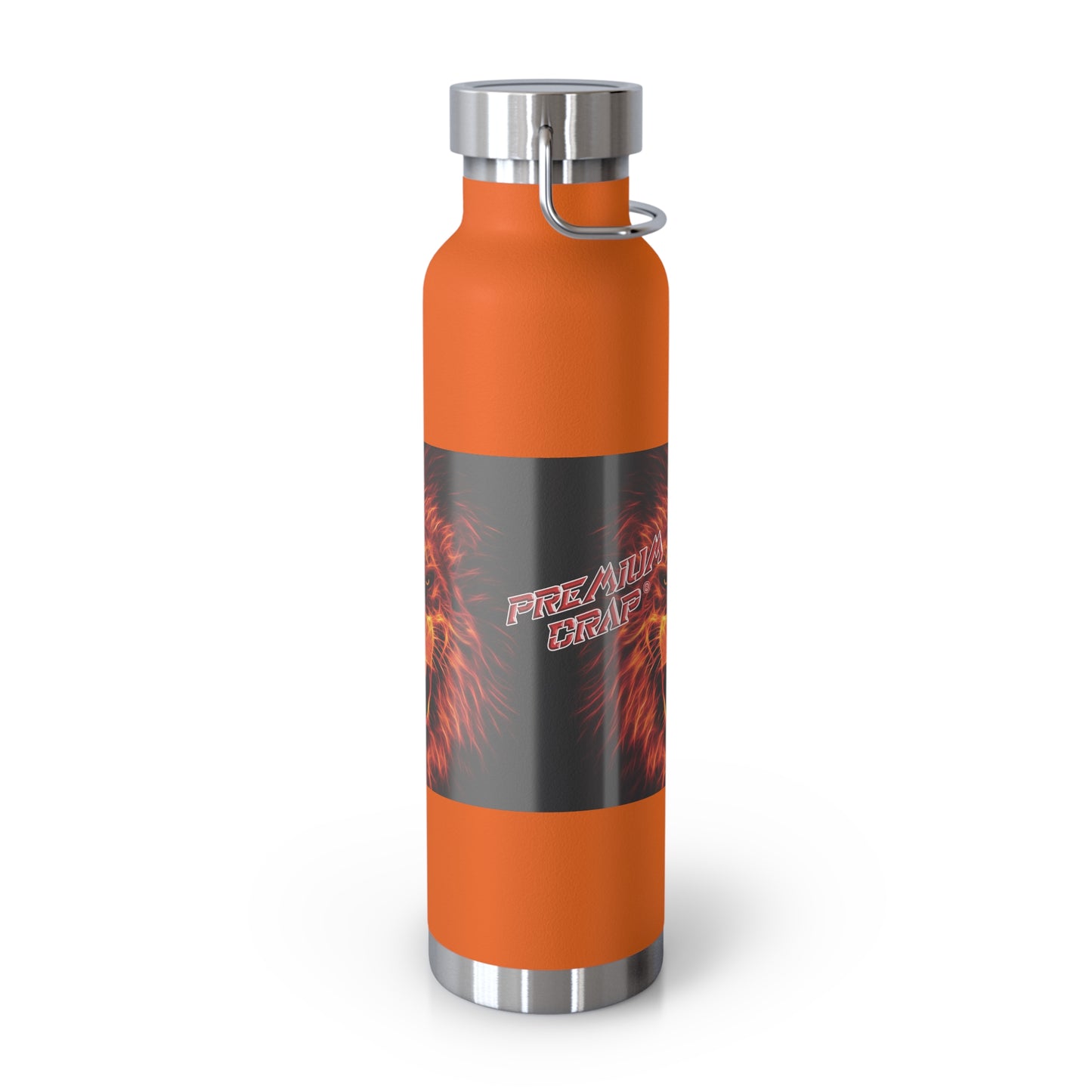 An orange insulated water bottle with a dark gray wrap label featuring red flames and the text 'Premium Crap'. The bottle has a silver stainless steel cap and base, and a silver metal loop on the cap.