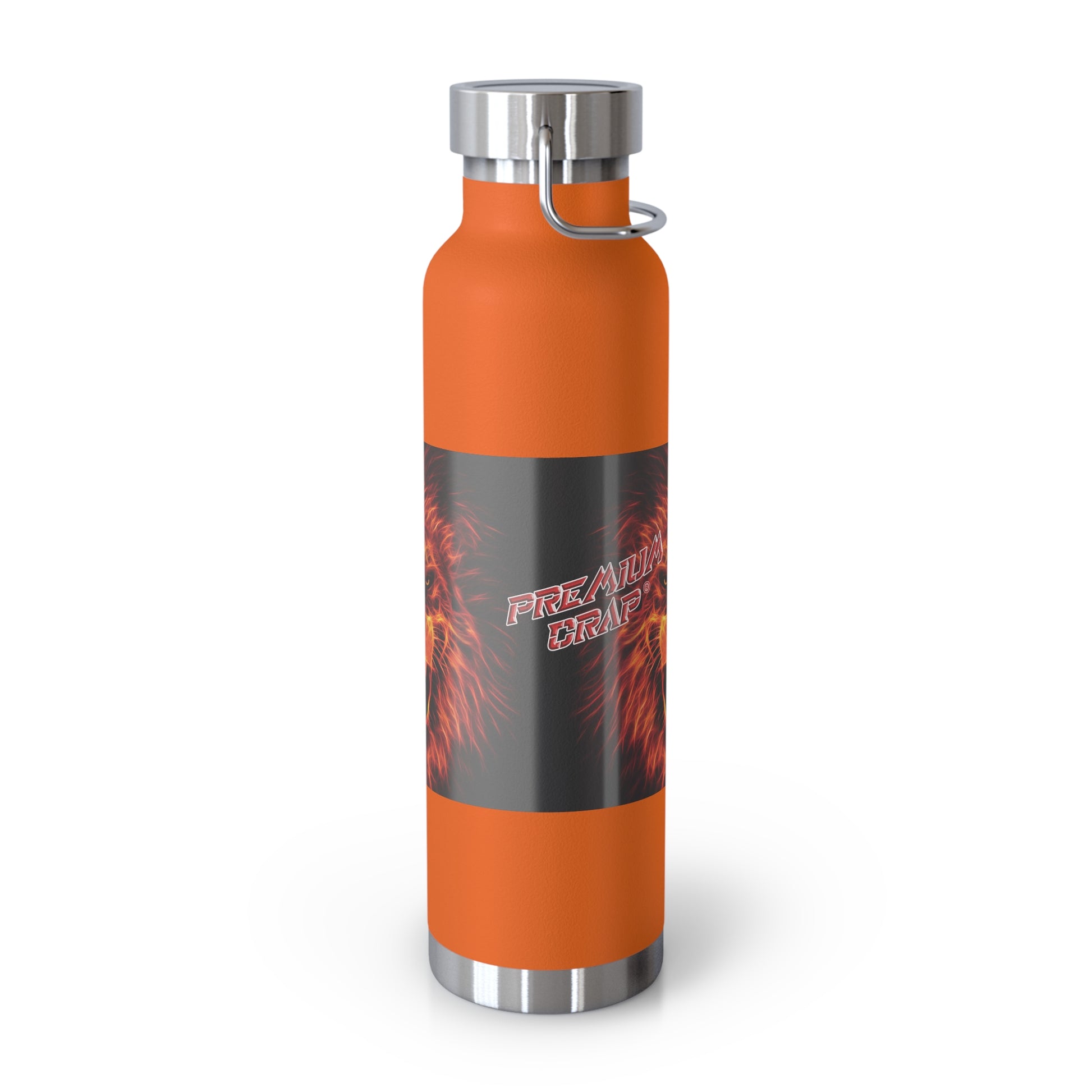 An orange insulated water bottle with a dark gray wrap label featuring red flames and the text 'Premium Crap'. The bottle has a silver stainless steel cap and base, and a silver metal loop on the cap.