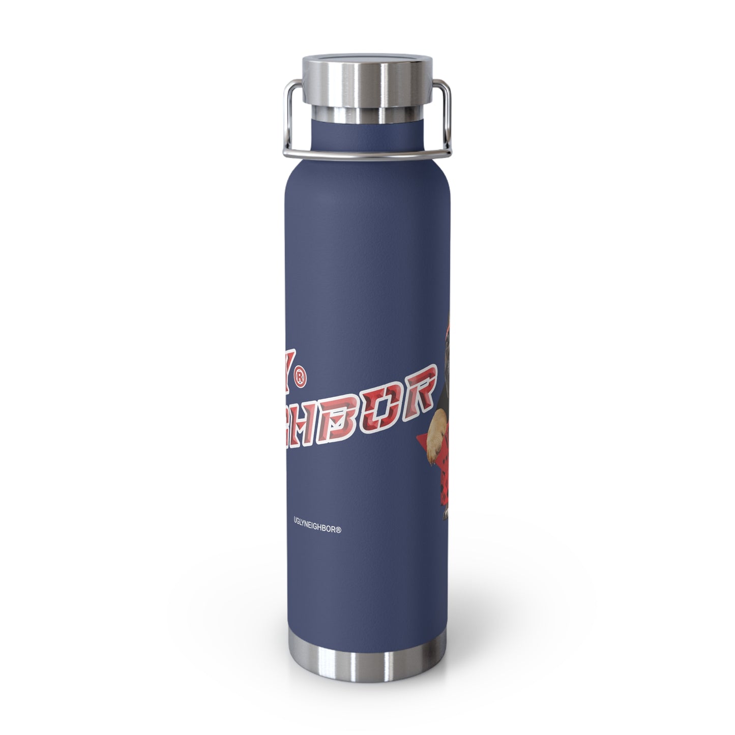 Navy blue water bottle with silver lid on a white background
