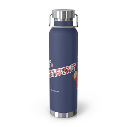 Navy blue water bottle with silver lid on a white background