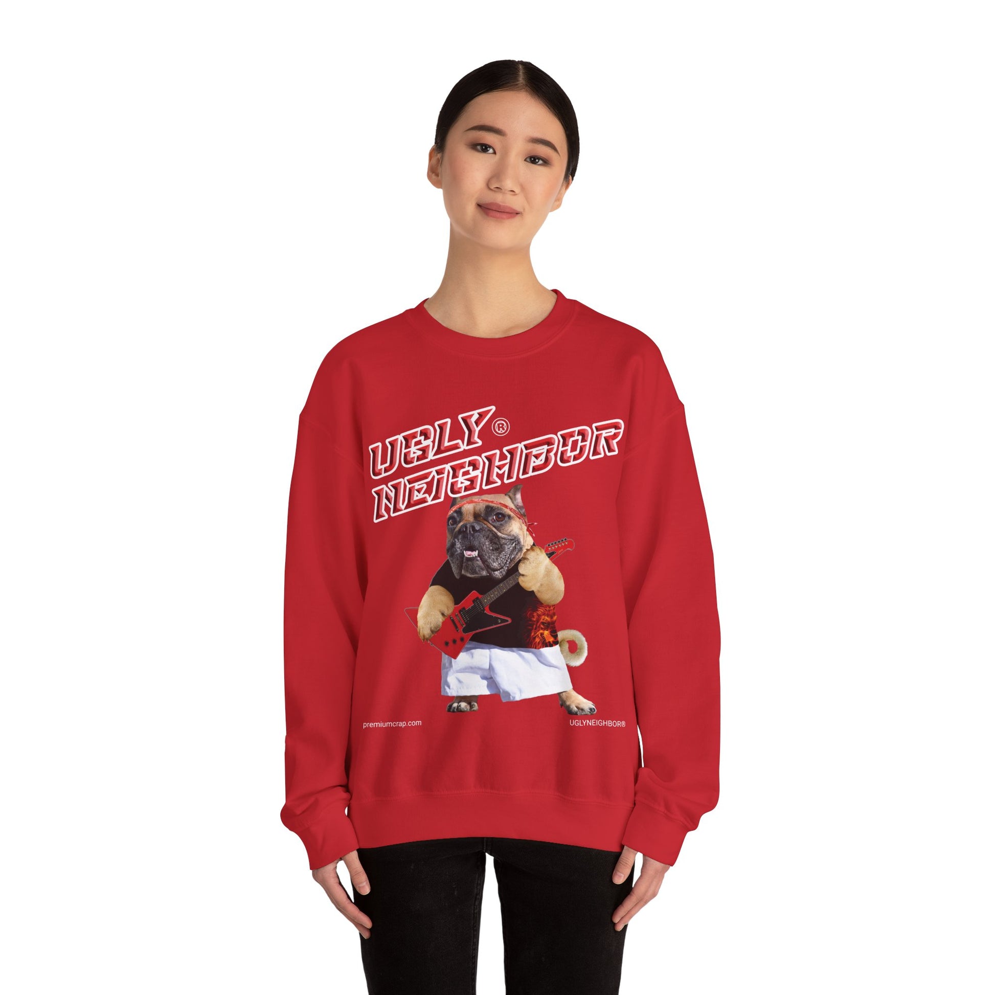 Person wearing a red sweatshirt with a graphic design on a white background