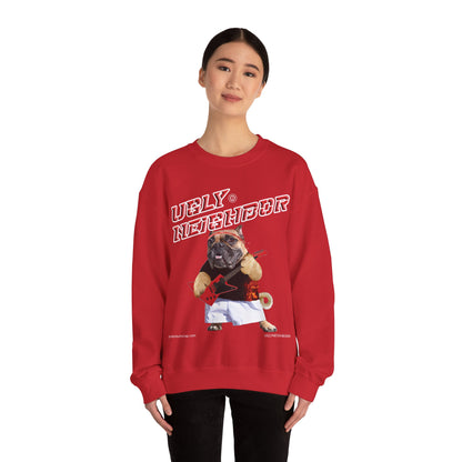 Person wearing a red sweatshirt with a graphic design on a white background