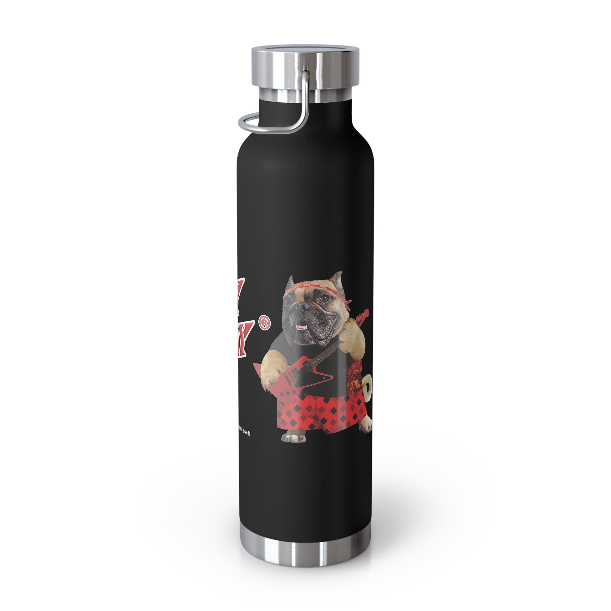 Black water bottle with a dog design on a white background