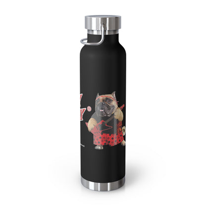 Black water bottle with a dog design on a white background