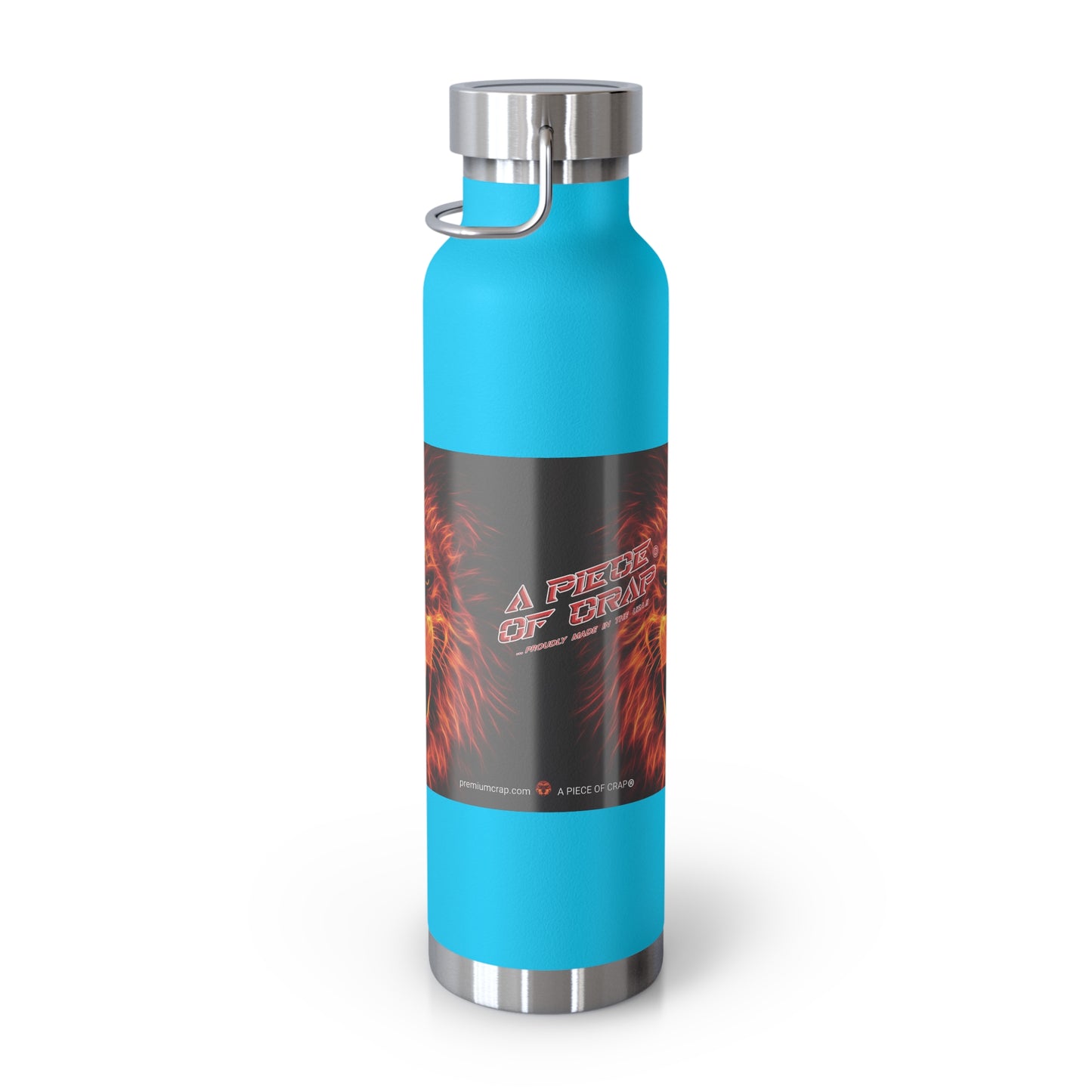 A reusable insulated water bottle with a bright turquoise blue body, a black wrap-around label featuring red and orange fiery artwork and the text 'A Piece of Crap', and stainless steel accents at the cap, base, and carrying loop, shown on a white background.