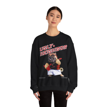 Person wearing a black sweatshirt with a graphic design of a pug and text on a white background