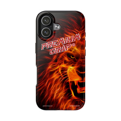 Phone case with fiery lion design and 'Premium Crap' branding on a white background