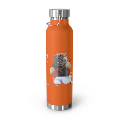 An orange insulated water bottle with a silver metal lid and carrying loop, featuring a graphic of a bulldog wearing a baseball uniform on the front.