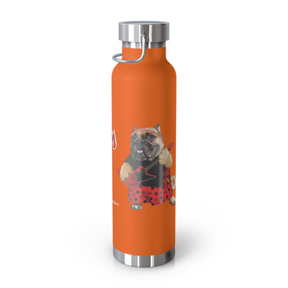 Orange water bottle with a graphic of a cat holding a sword on a white background