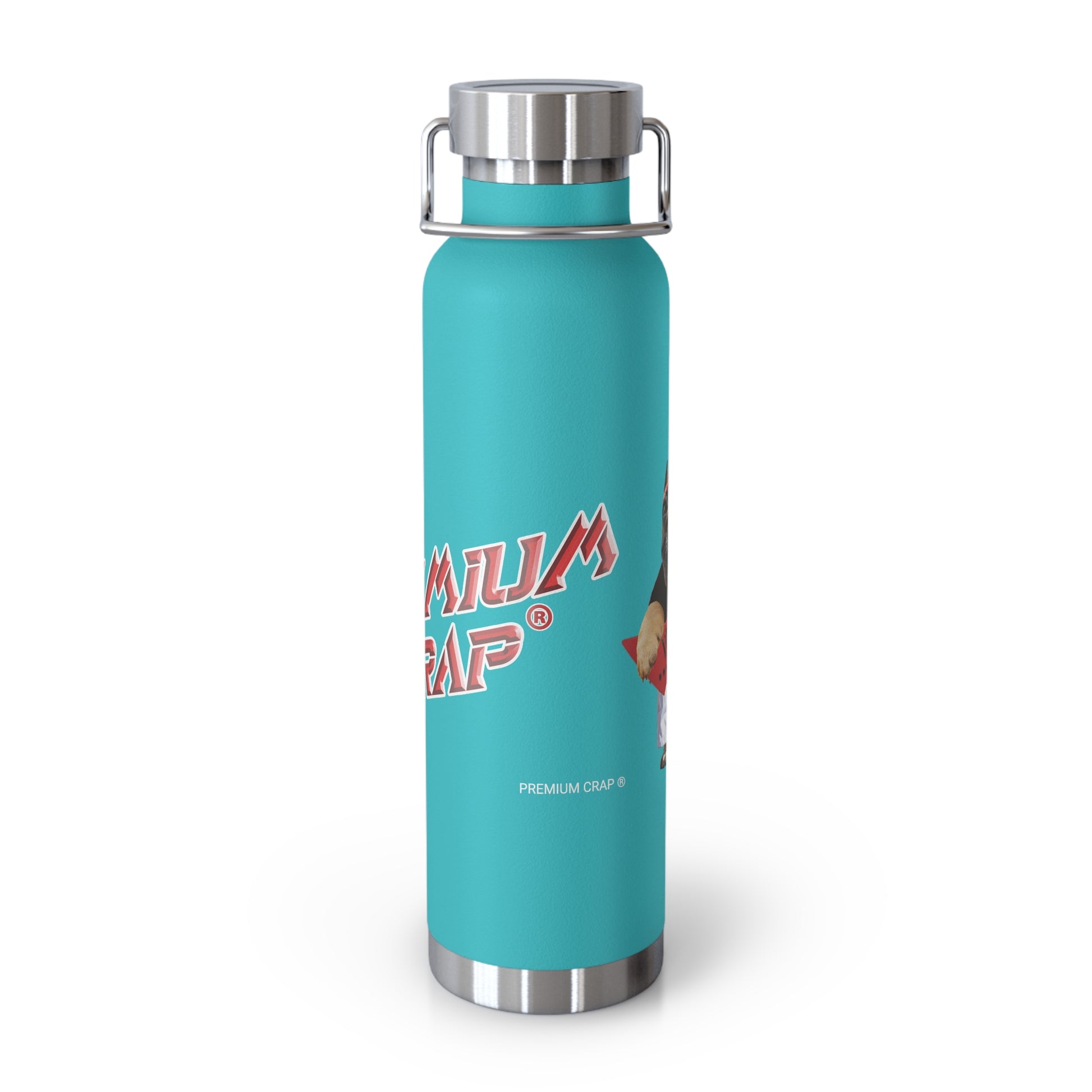 A turquoise insulated water bottle with a stainless steel lid and handle, featuring a red and white 'Premium Crap' logo on the front, set against a plain white background.