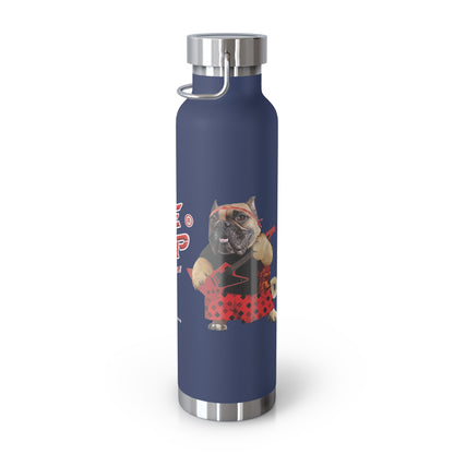 Navy blue water bottle with a dog design on a white background