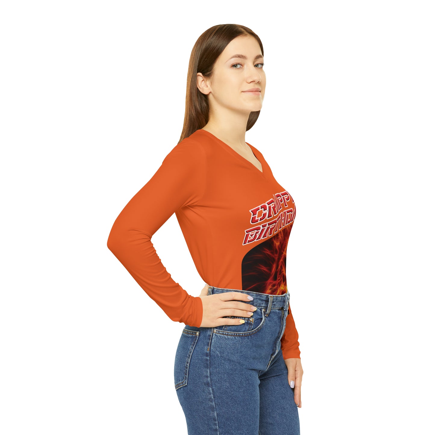 Crappy Birthday Chic Long Sleeve V-Neck Tee - Orange