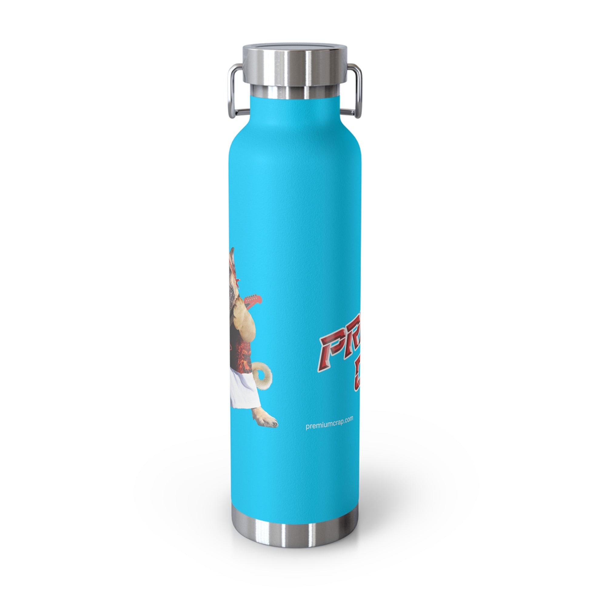 A bright blue insulated water bottle with stainless steel accents and a cartoon character graphic on the front, shown on a clean white background.
