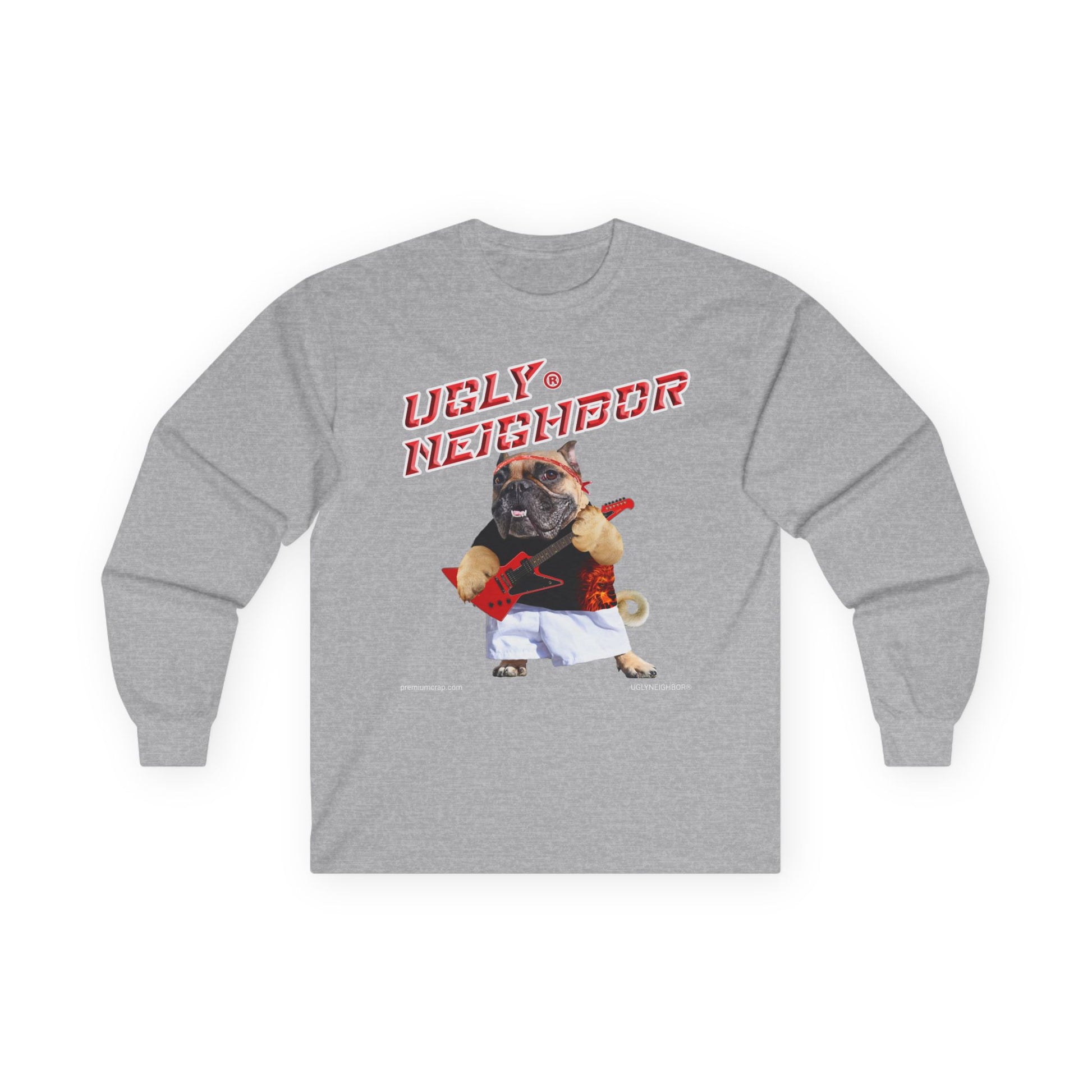 Gray long-sleeve shirt with a graphic of a dog and text 'Ugly Neighbor' on a white background