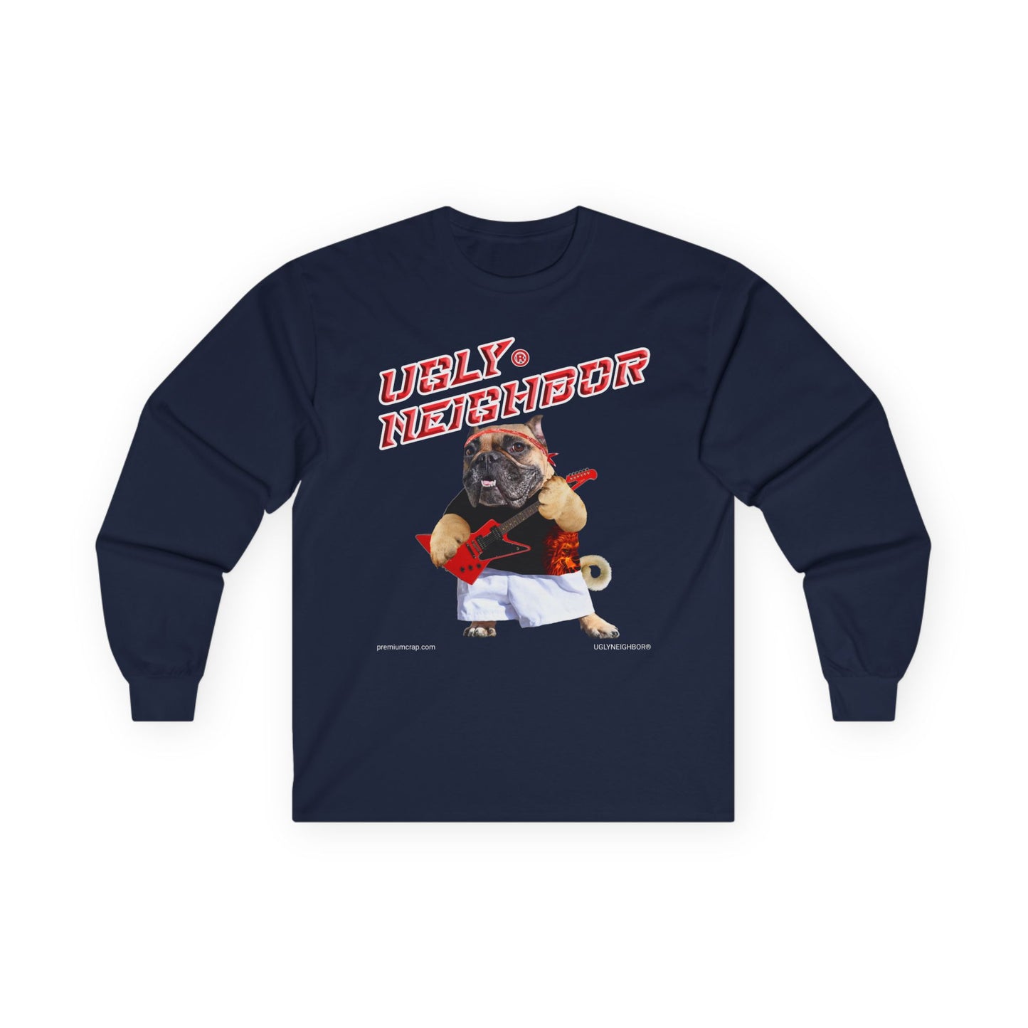 Navy blue long-sleeve shirt with a graphic of a pug and text on a white background