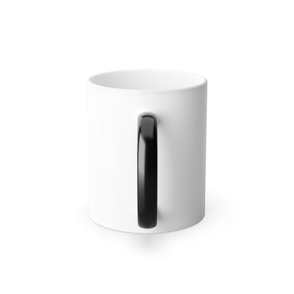 A white ceramic mug with a glossy black handle, shown from a three-quarters perspective on a clean white background.