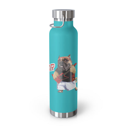 Turquoise water bottle with a graphic of a dog wearing a shirt and shorts on a white background