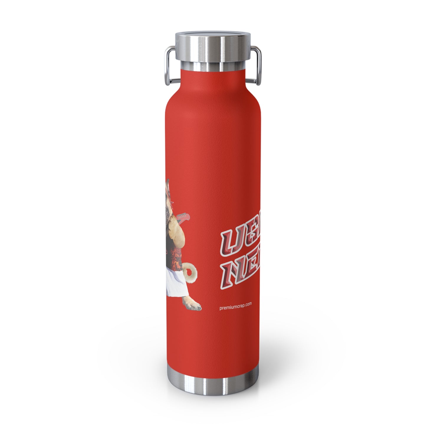 Red water bottle with silver cap and graphic design on a white background