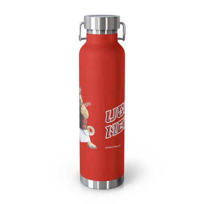 Red water bottle with silver cap and graphic design on a white background